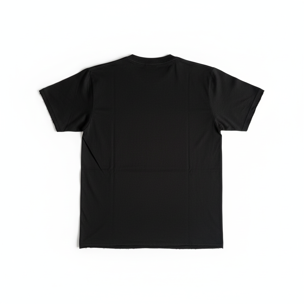 Black t-shirt back flat lay clean hem on white background