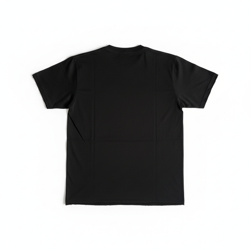 Black t-shirt back flat lay clean hem on white background
