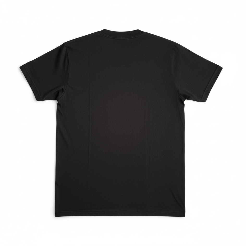 Black t-shirt flat lay on white background