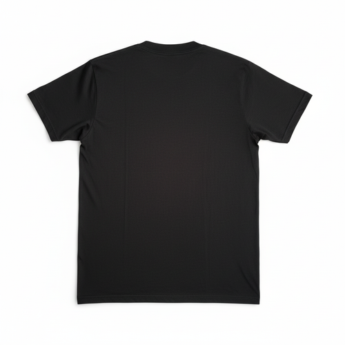 Black t-shirt flat lay on white background