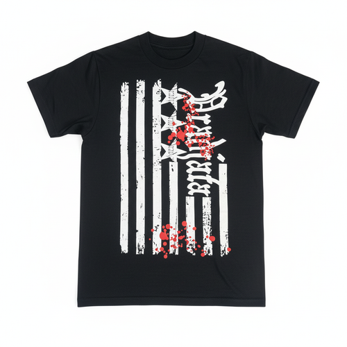 Black t-shirt flat lay with detailed print