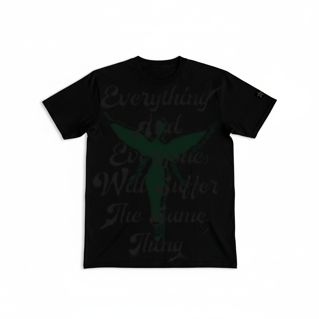 Black t-shirt flat lay with green star design on white background