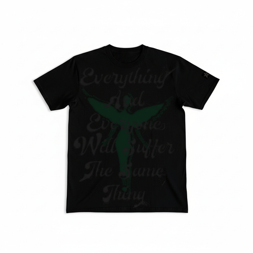 Black t-shirt flat lay with green star design on white background