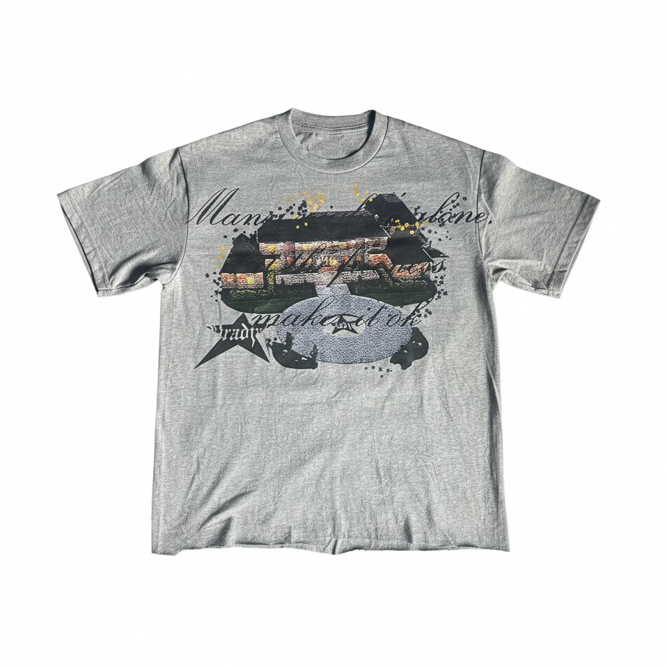 Grey t-shirt flat lay with white background