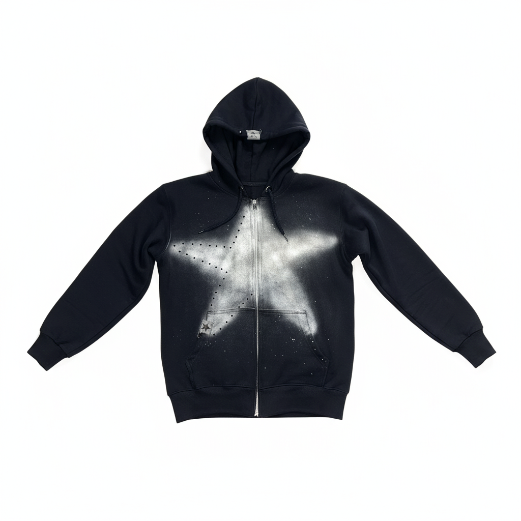 Professional flat lay of black hoodie on white background