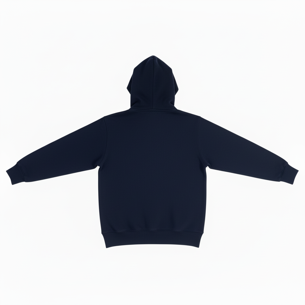 Professional flat lay of dark blue hoodie back view on white background