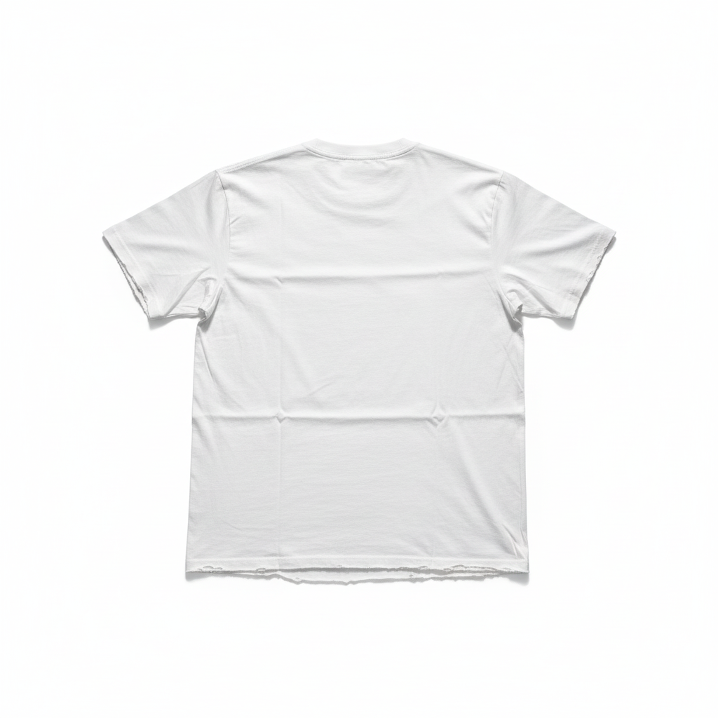 White t-shirt flat lay with distressed hem