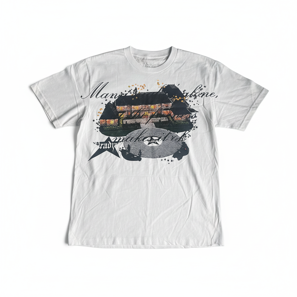 White t-shirt flat lay with vintage car graphic